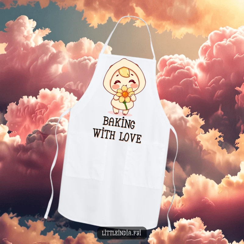 Funny apron with a happy character joyfully offering a fragrant flower, perfect for cooking with kindness and humor.