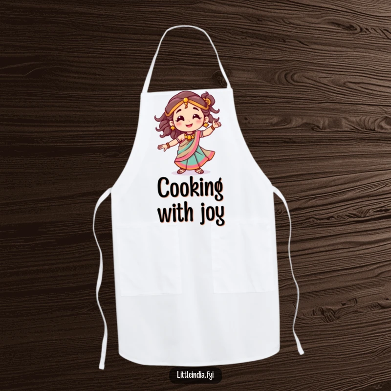 Funny apron featuring a smiling character in a colorful sari, dancing joyfully, perfect for a festive cook.