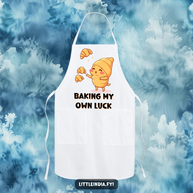 Funny blushing croissant character juggling small croissants, looking shy, printed on a durable kitchen apron.