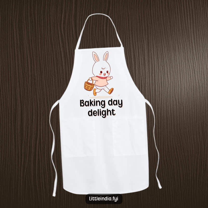 Funny Apron illustrated with a cheerful character skipping with a small woven basket, bringing a sense of lightheartedness to kitchen tasks.