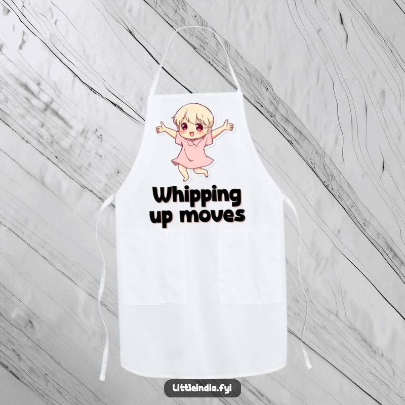 Funny apron showcasing a character dancing while cooking, with energetic, expressive arm movements and a playful kitchen theme.