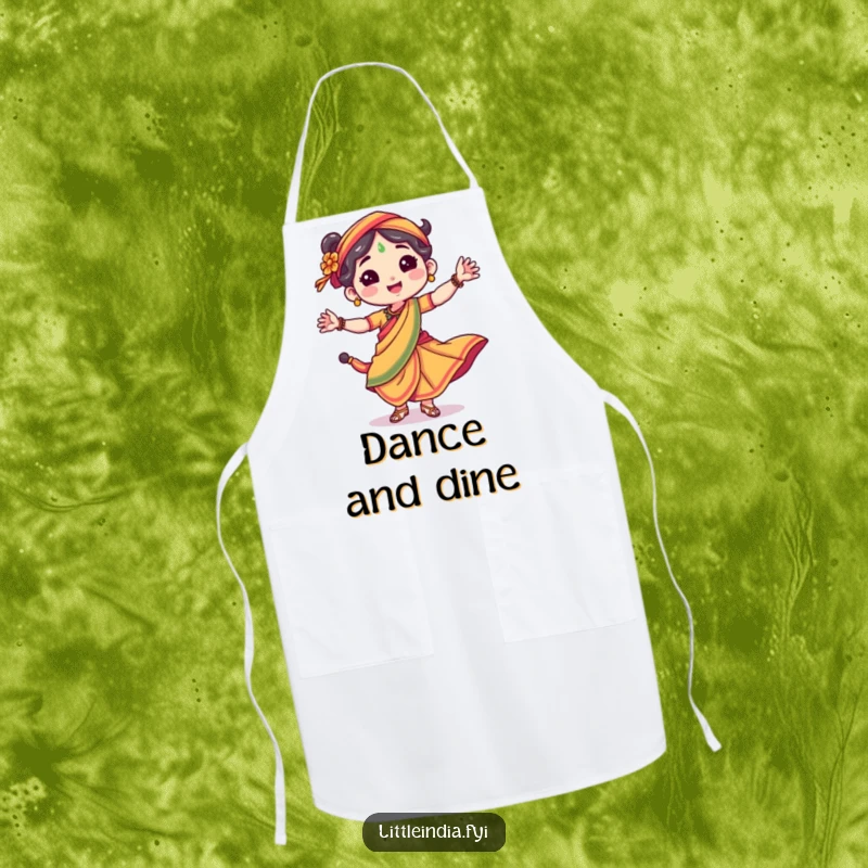 Funny apron featuring a happy character in a brilliant sari, dancing energetically while cooking with joy.