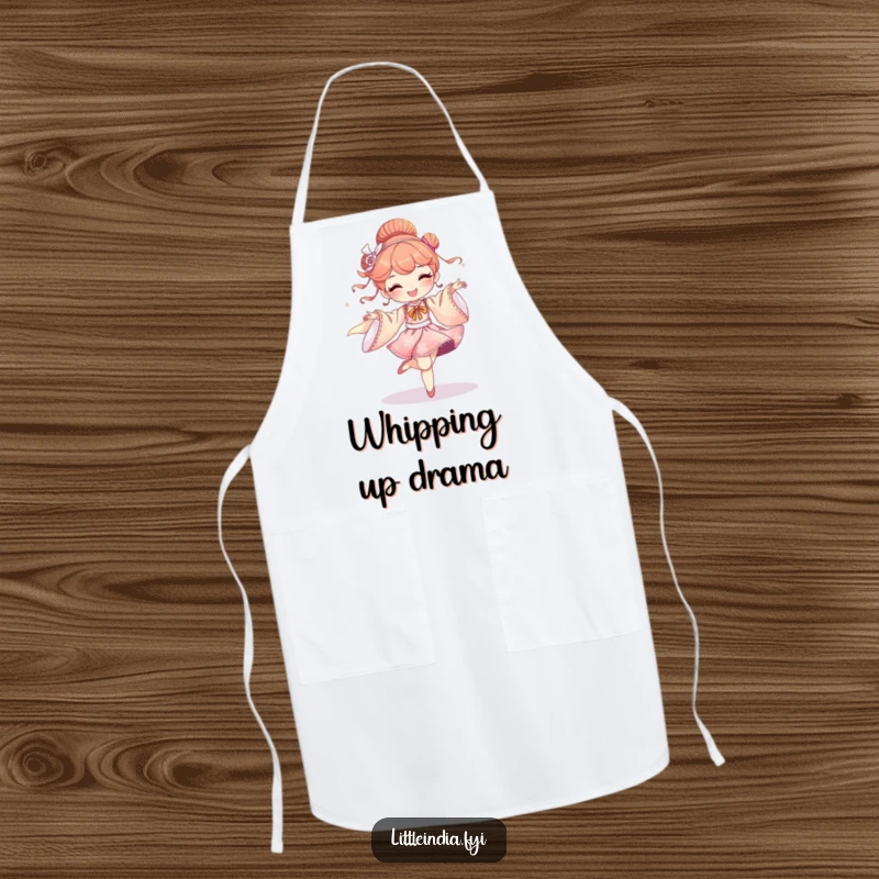 Funny apron with a delighted character dancing with shimmering silk fabrics, perfect for cooking with elegance and humor.