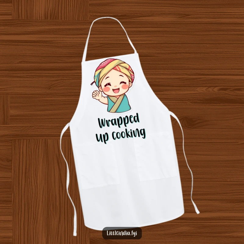Funny apron with a smiling character in a colorful headwrap, waving joyfully, ideal for adding cheer and humor to kitchen tasks.