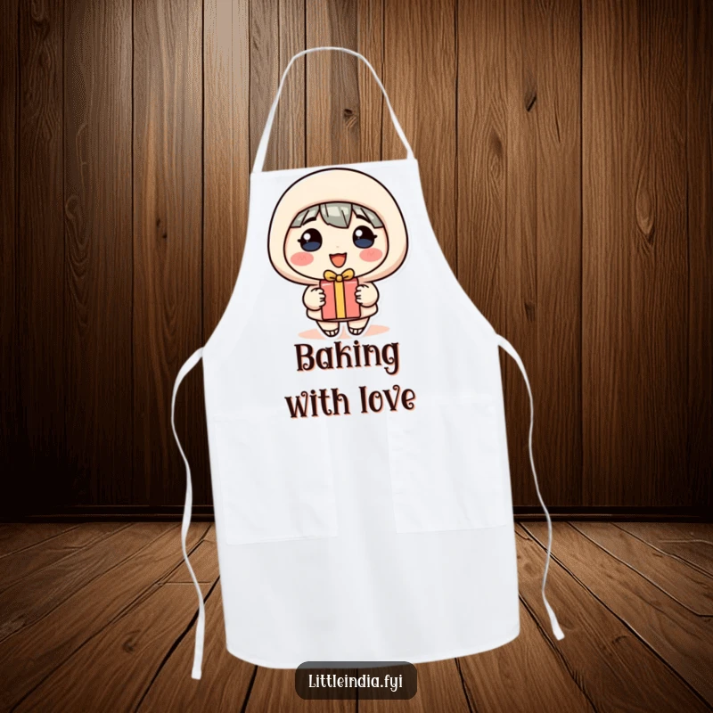 Funny Apron: A cheerful character with a big smile offers a gift, ready to assist in the kitchen.