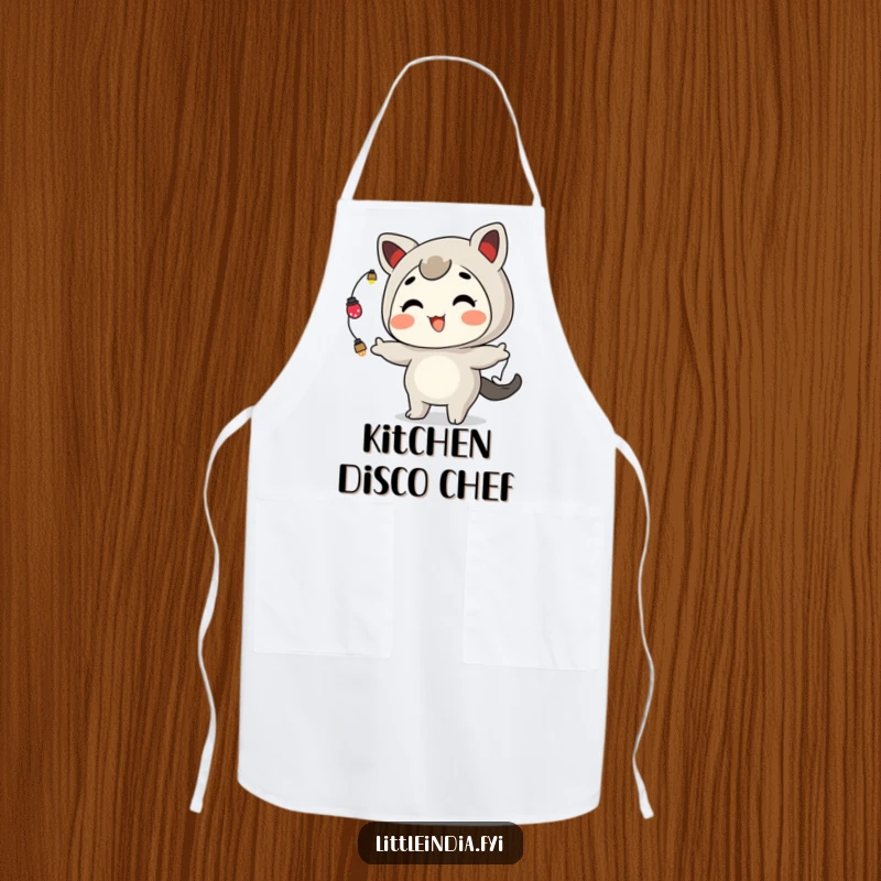 Funny Apron: A playful character grinning enthusiastically juggles small ornamental lights, perfect for holiday baking.