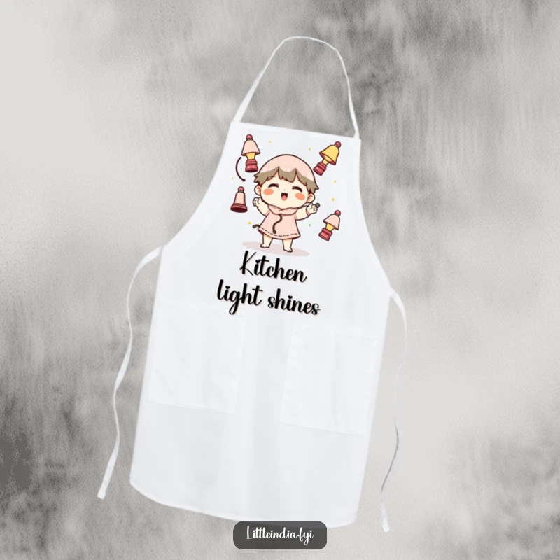Funny kitchen apron featuring a character juggling tiny lamps, perfect for a chef who loves to add humor to their cooking.