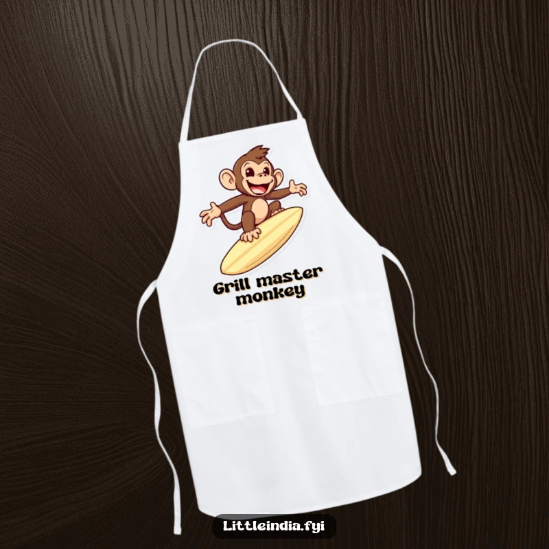 Funny apron depicting a mischievous monkey riding a giant roti like a surfboard, great for kitchen use with a humorous touch.