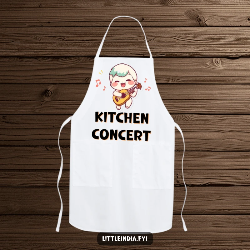 Funny apron featuring a cheerful character playing a musical instrument and a happy tune, perfect for cooking.