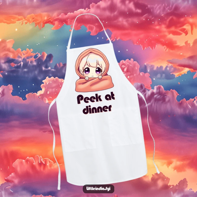 Funny apron with a delighted character peeking from behind a vibrant textile, ideal for adding humor and a touch of mystery to cooking.