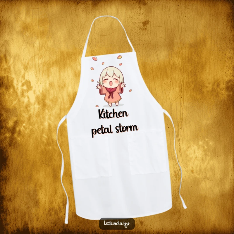 Funny Apron: Excited character joyfully tosses small petals, adding a festive and humorous touch to kitchen tasks. Excellent funny gift.