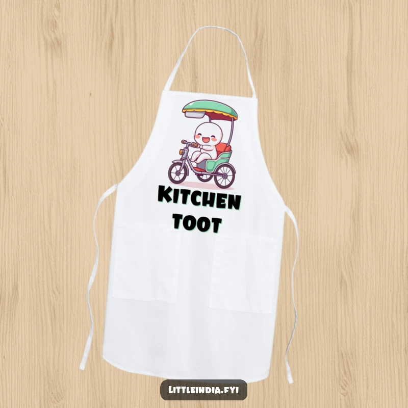 Funny apron with a giggling rickshaw character cheerfully tooting, perfect for kitchen tasks and adding a playful, happy sound to cooking.
