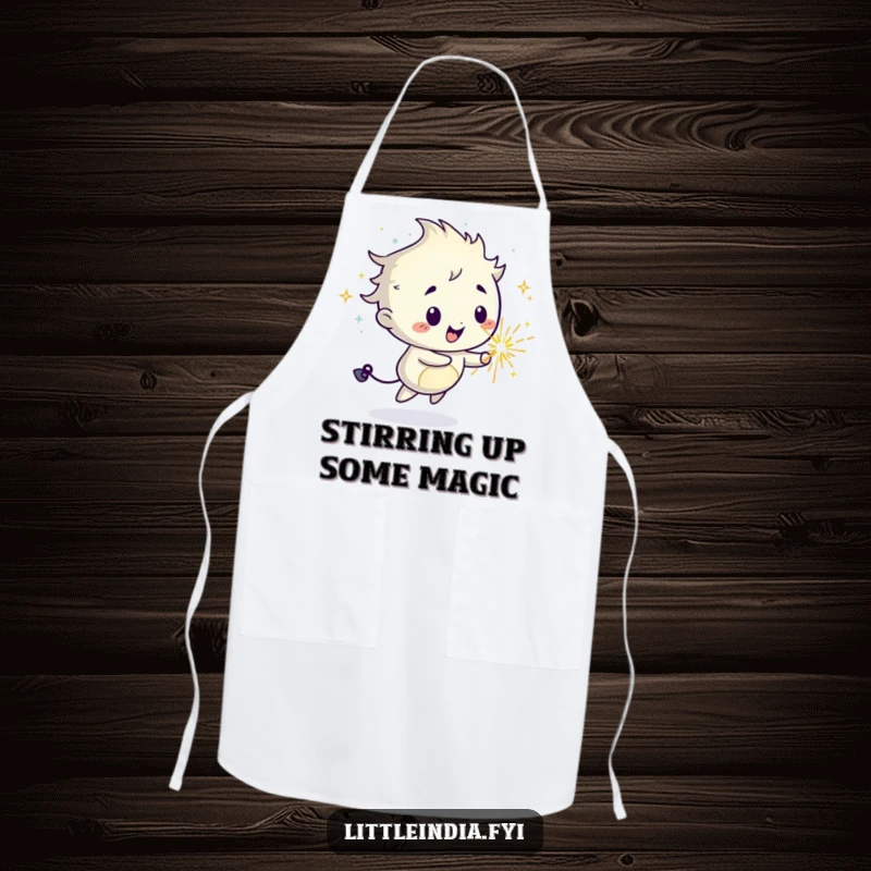 Funny kitchen apron with a mischievous sparkler character leaving a trail of culinary joy and sparkle.