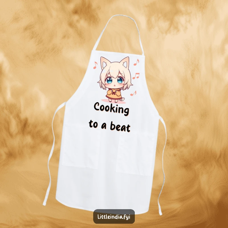 Funny Apron illustrated with a surprised character intently listening to distant music, designed for cooks who find inspiration and humor in sound.