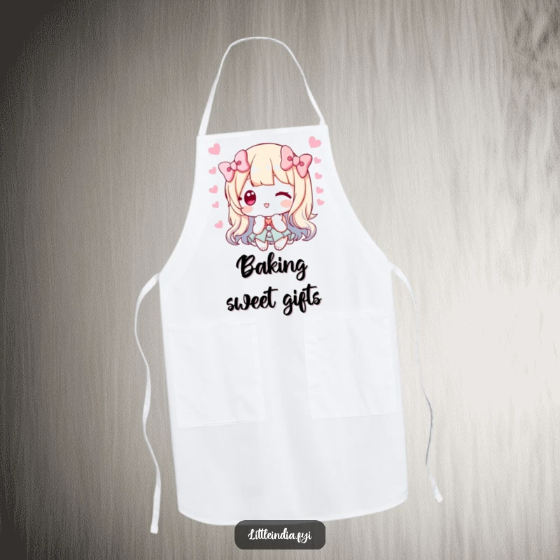 Funny apron featuring a character offering sweets with a bow, perfect for bakers and hosts who love to share.