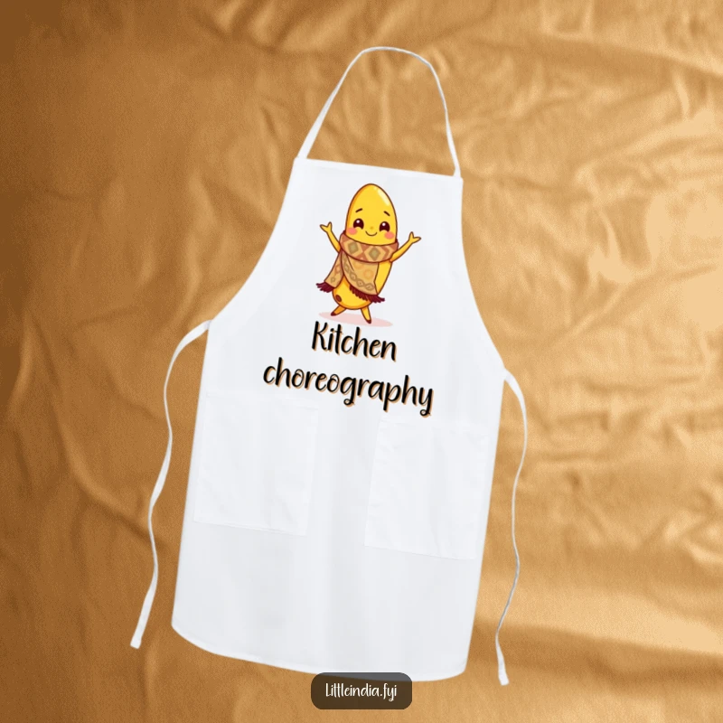 Funny apron showing a banana in a scarf, enthusiastically performing a flamenco dance while cooking.