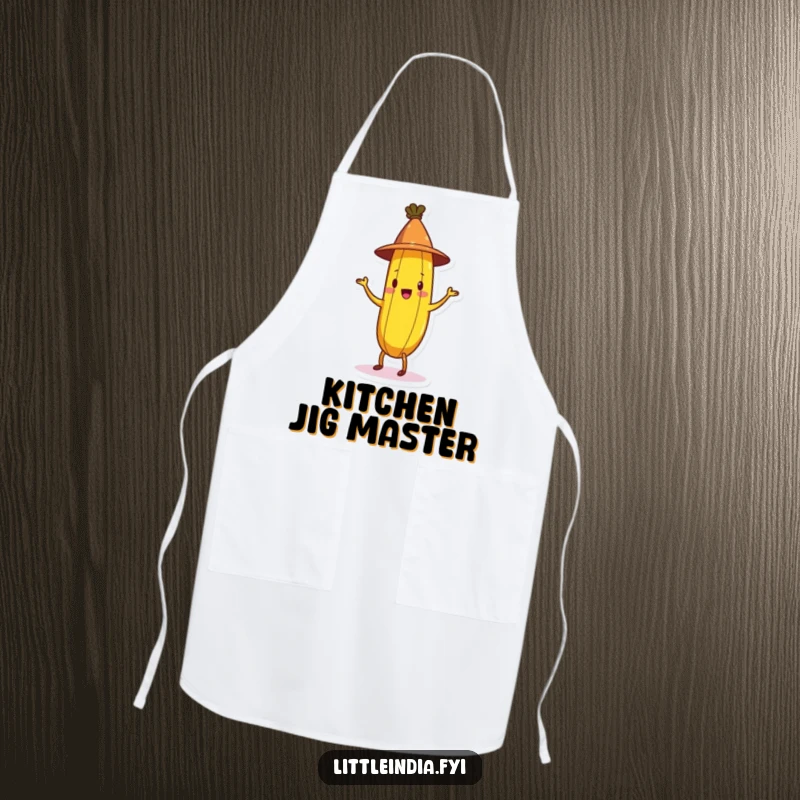 Funny Banana Apron showing a cheerful banana in a conical hat doing a jig, designed for kitchen use with a humorous theme.
