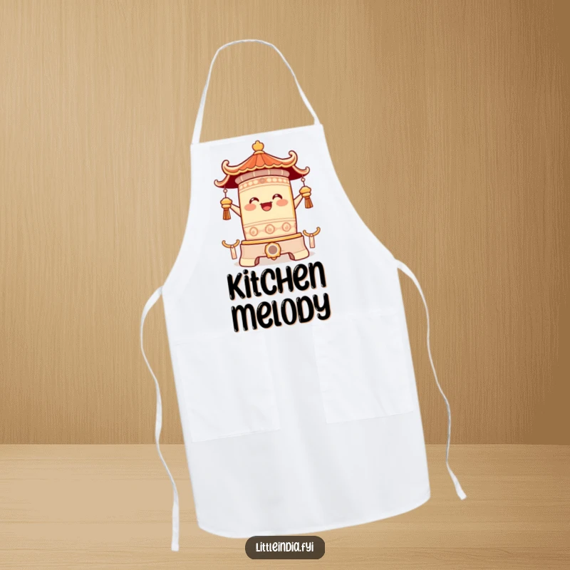 Funny apron with a happy temple bell character ringing with pure joy, perfect for kitchen tasks and adding a resonant, happy sound to cooking.