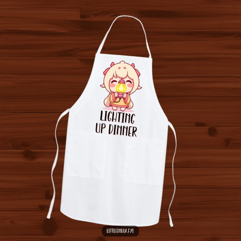 Funny Apron illustrated with a delighted character holding a small, brightly colored lamp, perfect for cooks who find inspiration and joy in their craft.