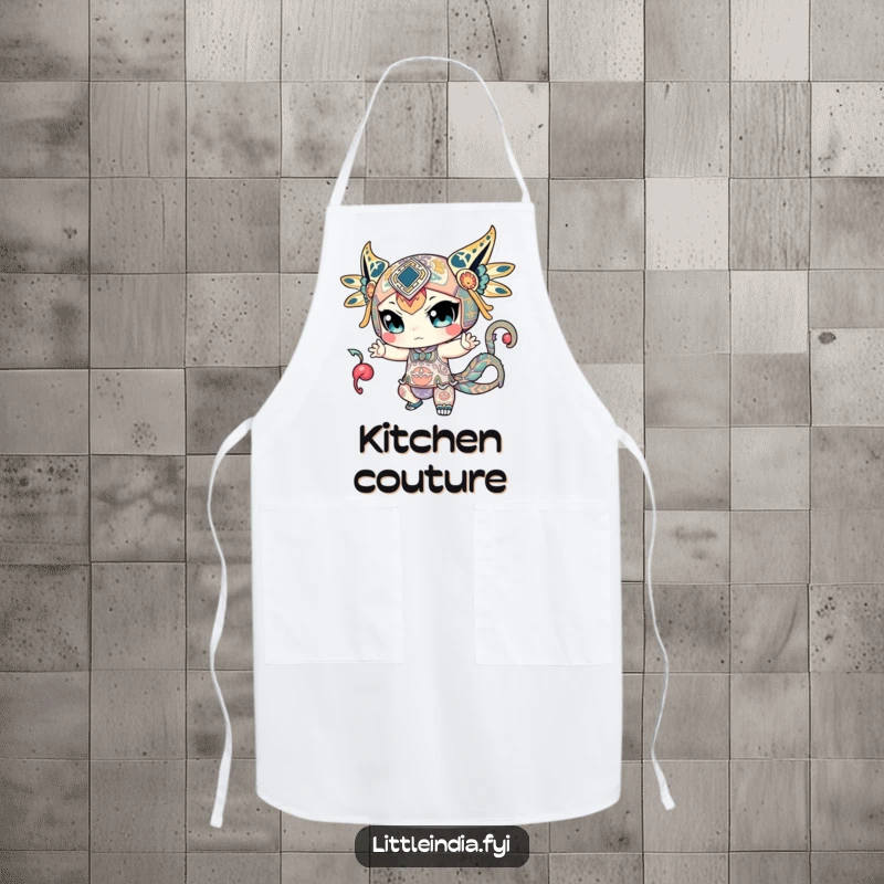 Funny apron featuring a character in an energetic, dynamic pose, adorned with detailed and artistic intricate patterns.