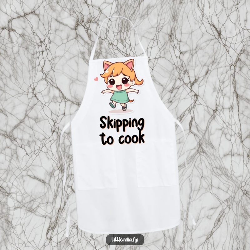 Funny Apron: Playful character performing a joyful skip, perfect for adding energy and fun to cooking tasks.