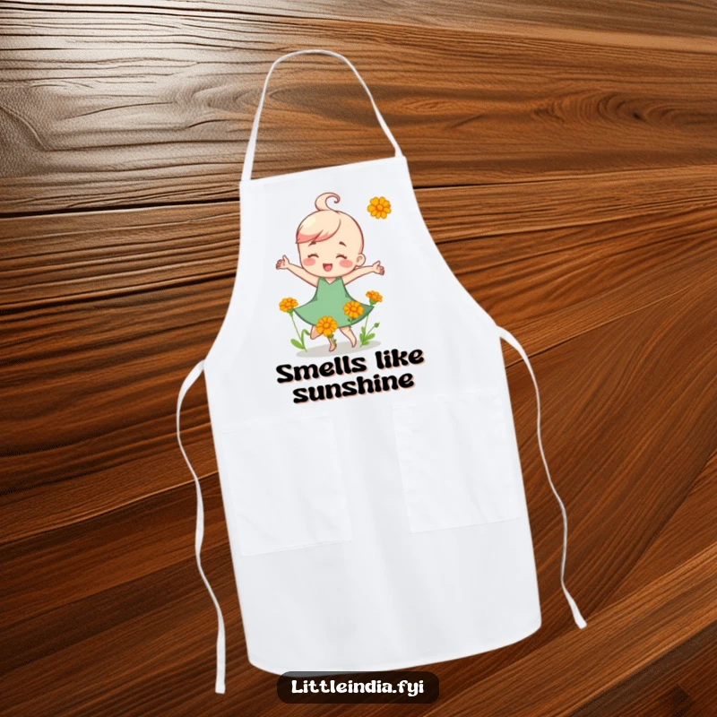 Funny Apron: A happy character dancing with small, colorful marigold flowers, adding cheer to kitchen tasks.