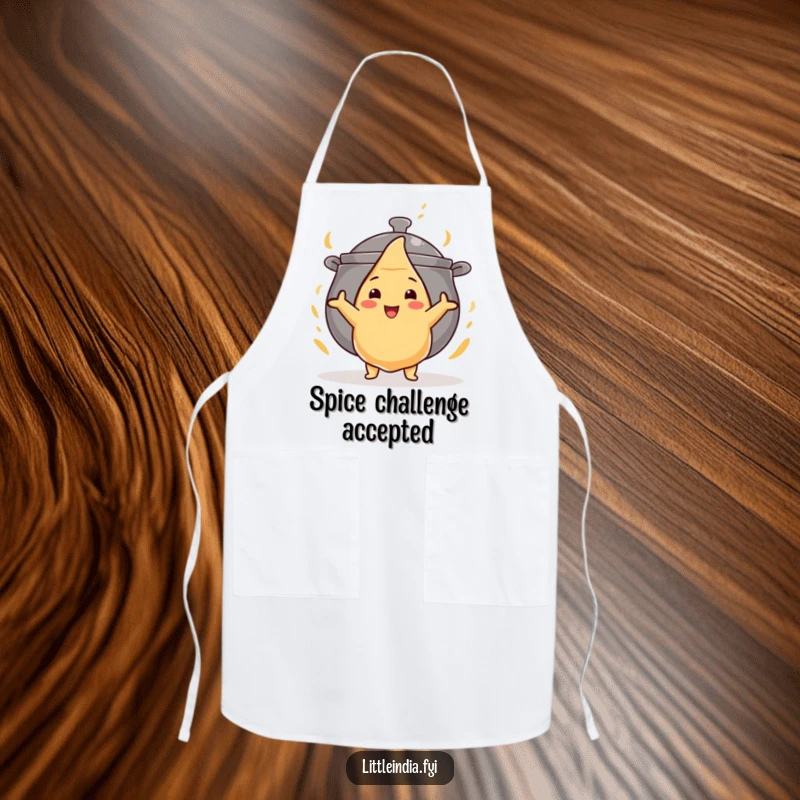 Funny apron featuring a bold samosa standing defiantly before a large curry pot, ready to cook up a storm.