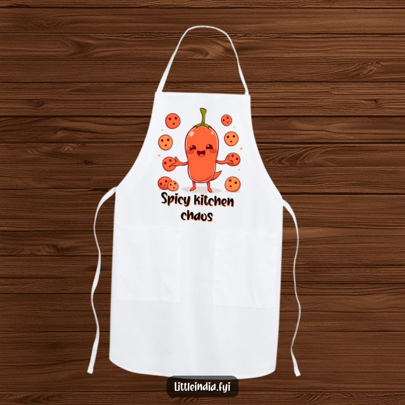 Funny chili pepper character in a chef hat juggling idlis, printed on a durable kitchen apron.