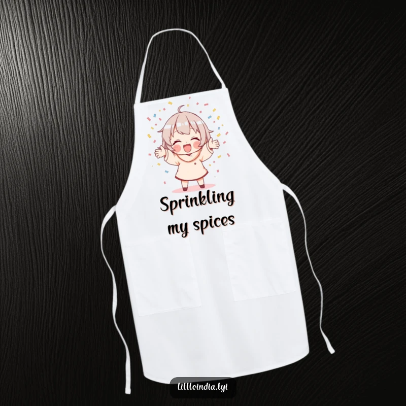 Funny apron depicting a character joyfully scattering colorful confetti, bringing a festive touch to kitchen activities.