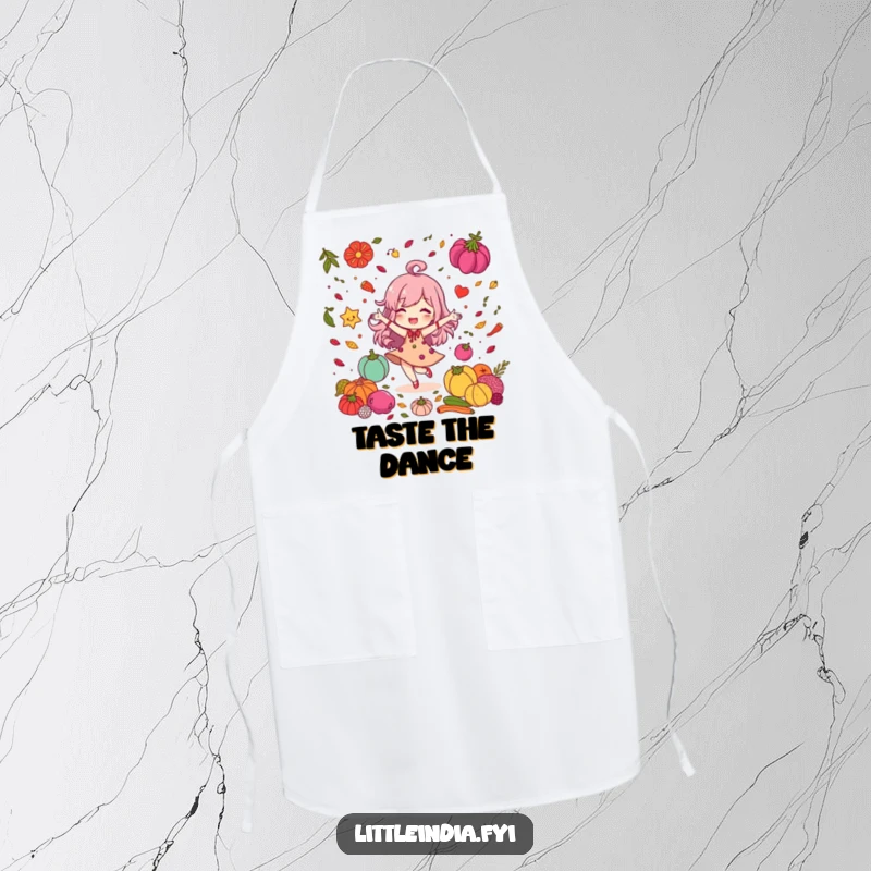 Funny Apron: Delighted character dancing joyfully among colorful spices, perfect for adding fun to culinary tasks.