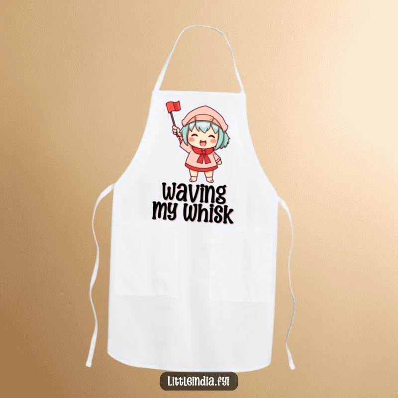 Funny apron depicting a character enthusiastically waving a small, colorful flag, bringing cheer to kitchen duties.