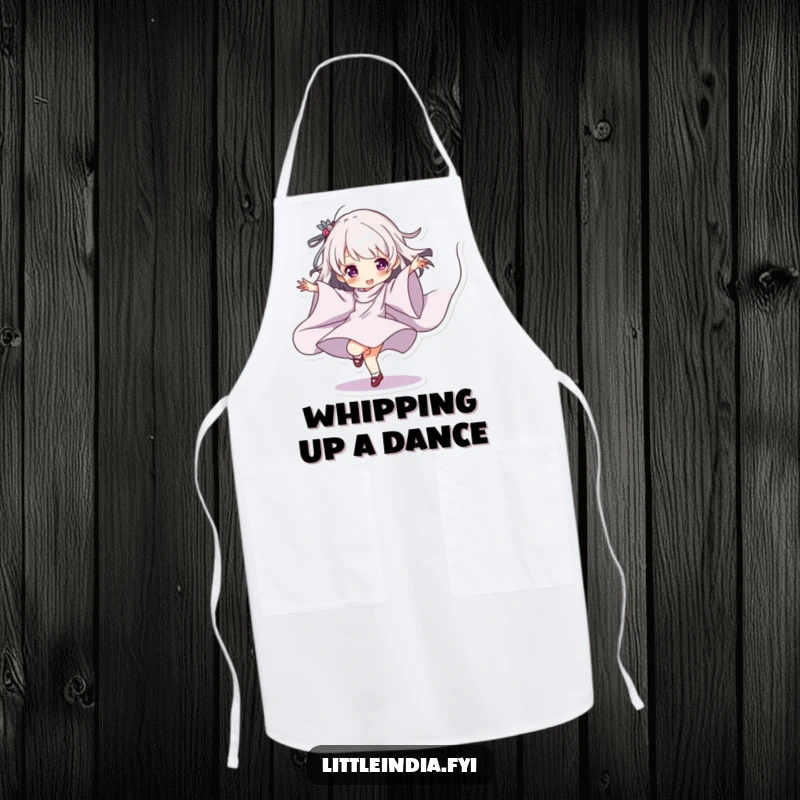 Funny Apron featuring a character playfully dancing with flowing fabric, perfect for humorous artistic cooking.