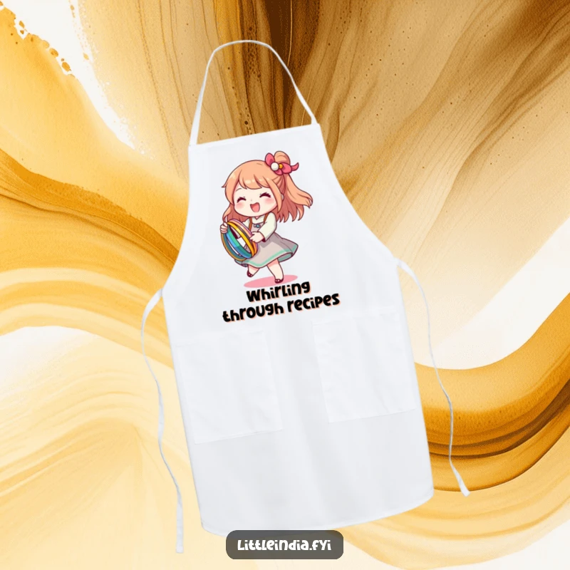 Funny apron featuring a happy character twirling with colorful bangles, perfect for a joyful cook.