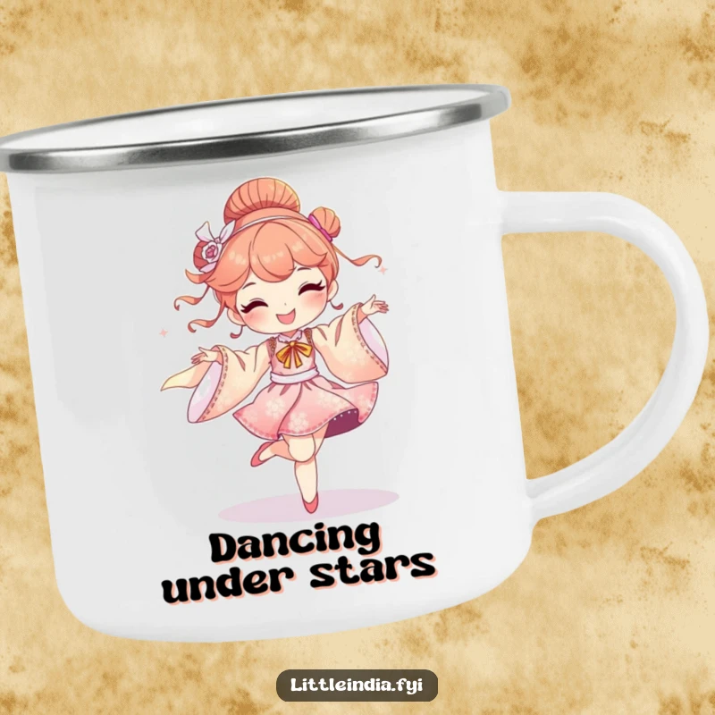 Funny camping mug featuring a delighted character dancing with shimmering silk fabrics, perfect for outdoor elegance.