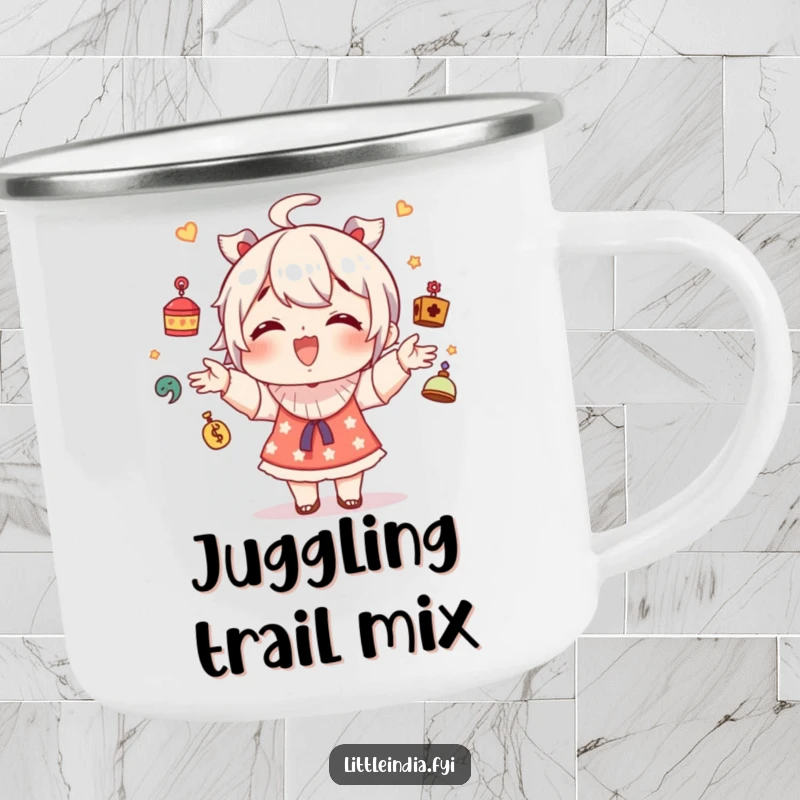 Funny camping mug with a giggling character juggling small decorative trinkets, perfect for outdoor fun.