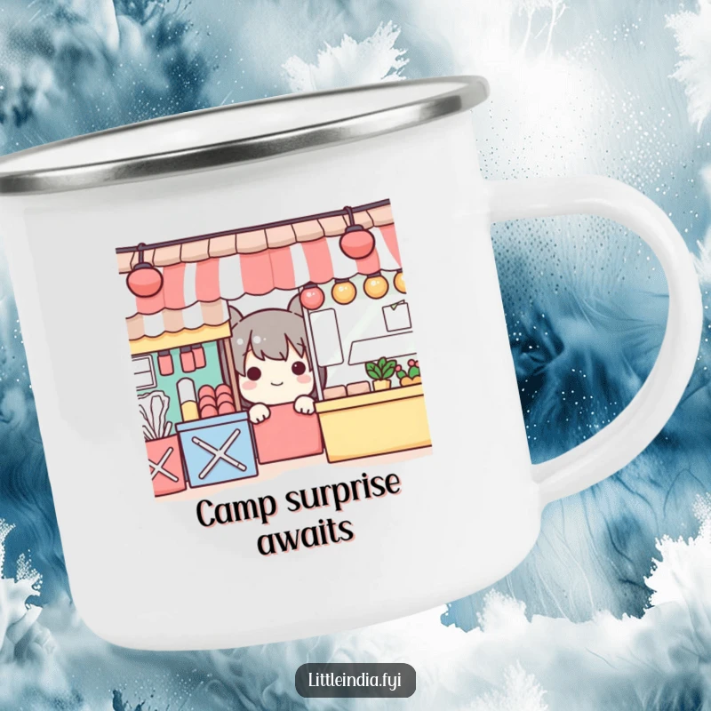 Funny camping mug with a playful character peeking from colorful market stalls, perfect for outdoor enthusiasts.