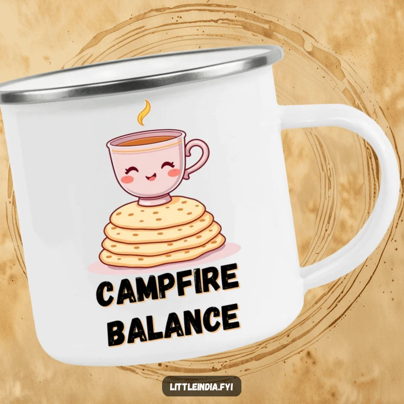 Funny camping mug with a cheerful chai cup balancing on a stack of chapati, ready for outdoor refreshment.