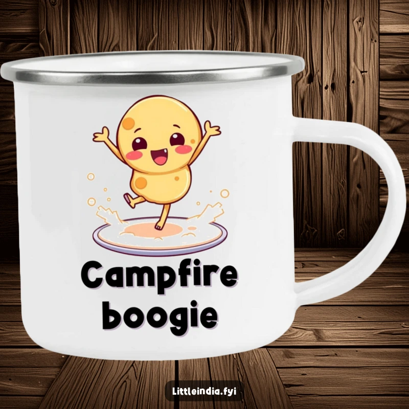 Funny camping mug with a roti dancing on a platter, kicking up flour, ready for outdoor enjoyment.