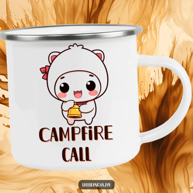 Funny camping mug featuring a happy character ringing a small bell, perfect for adventurers who love cheerful sounds.