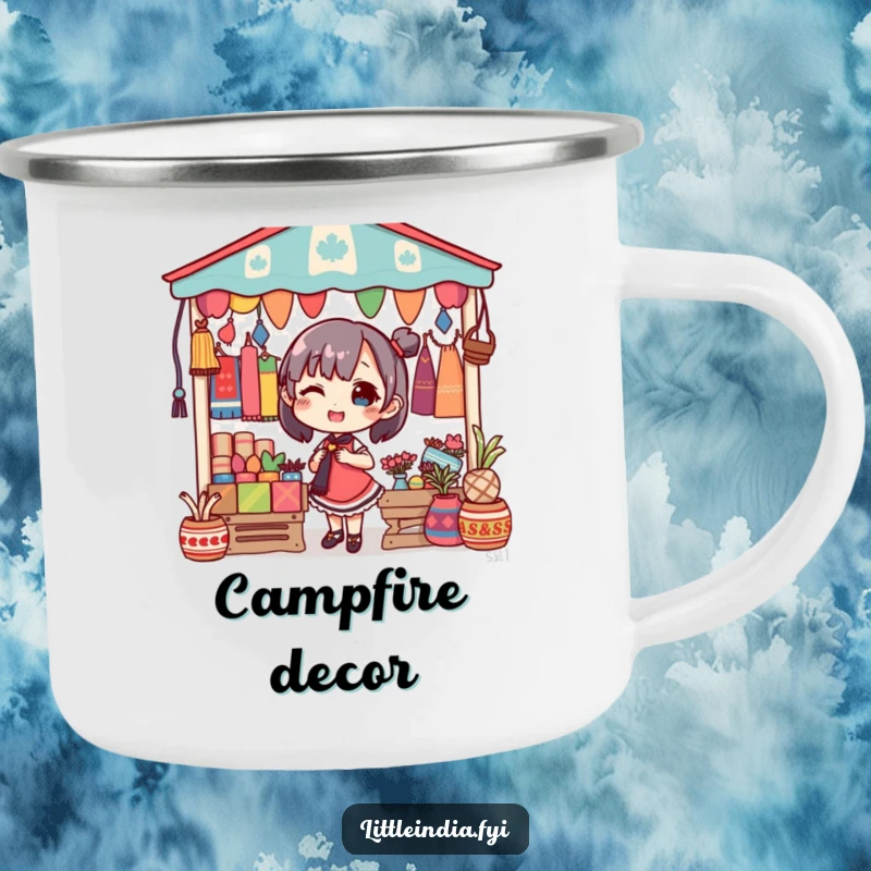 Funny camping mug showing a delighted character decorating a market stall with colorful textiles, ready for the outdoors.