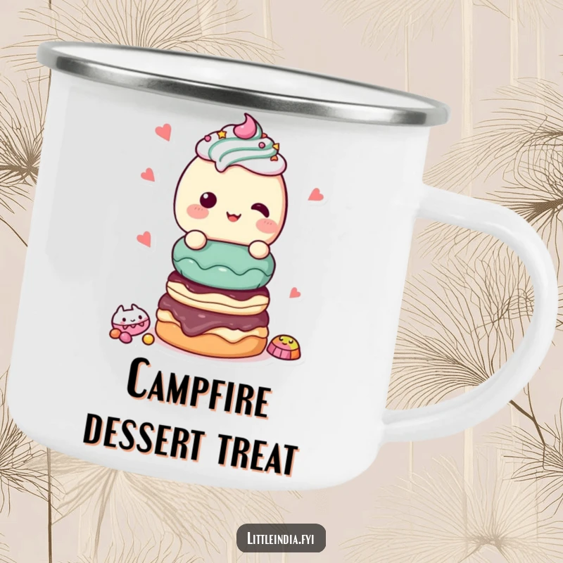 Funny Camping Mug: A giggling character with a stack of sweet treats, perfect for outdoor enjoyment.