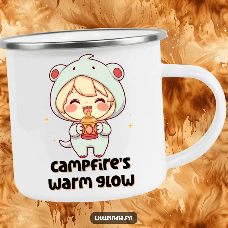 Funny Camping Mug featuring a joyous character holding a small decorative lamp with a warm glow, ready for outdoor light, a durable funny gift.