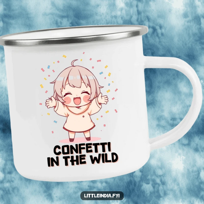 Funny camping mug showing a character joyfully scattering colorful confetti during an outdoor adventure, spreading cheer.