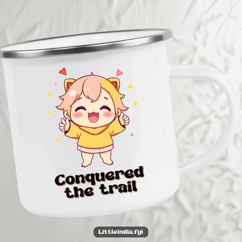 Funny Camping Mug: Cheerful character striking a vibrant, celebratory pose, perfect for enjoying drinks during outdoor adventures.