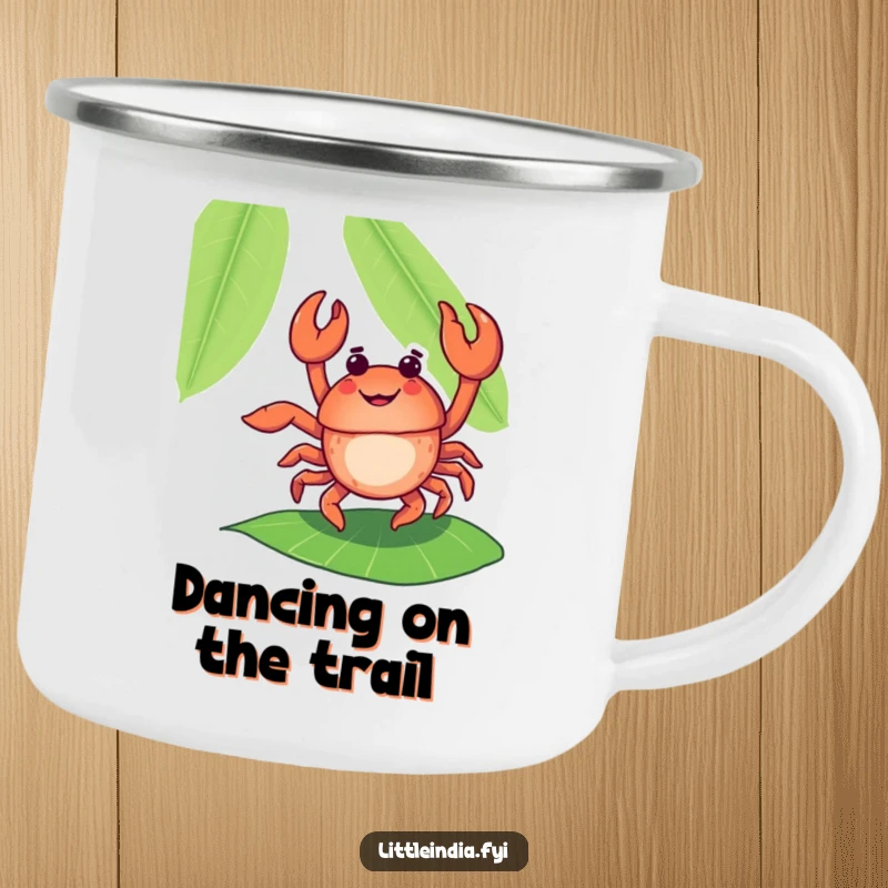 Funny crab character dancing on a banana leaf on a durable camping mug, ideal for outdoor fun.