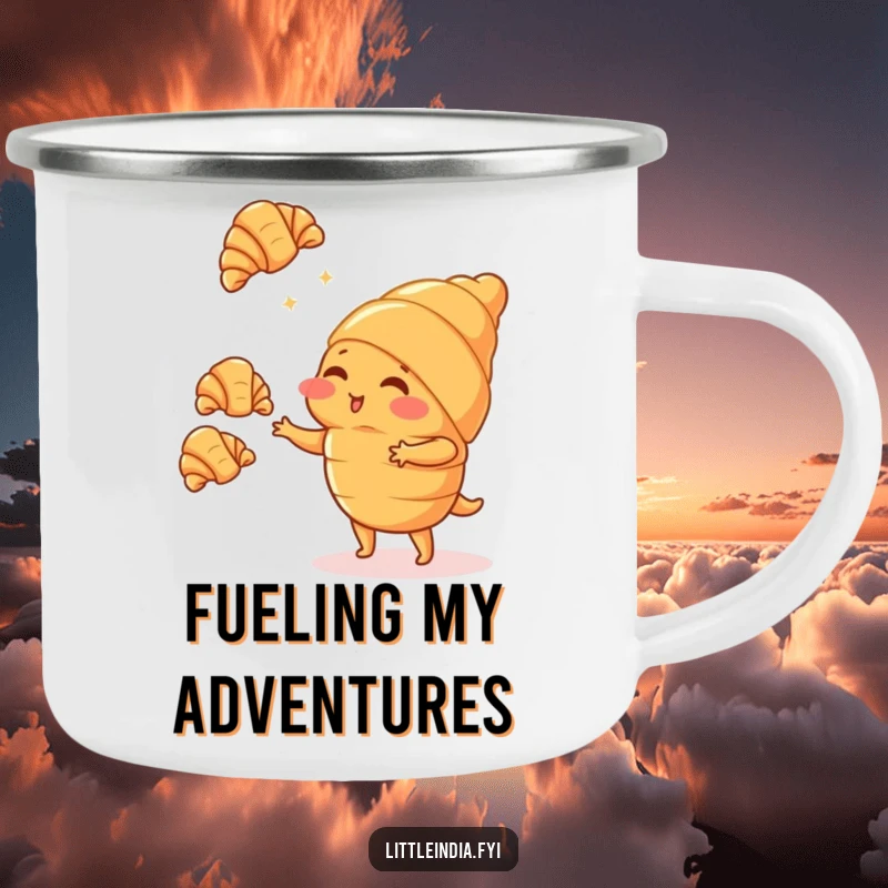 Funny blushing croissant character juggling small croissants on a durable camping mug, ideal for sweet adventures.