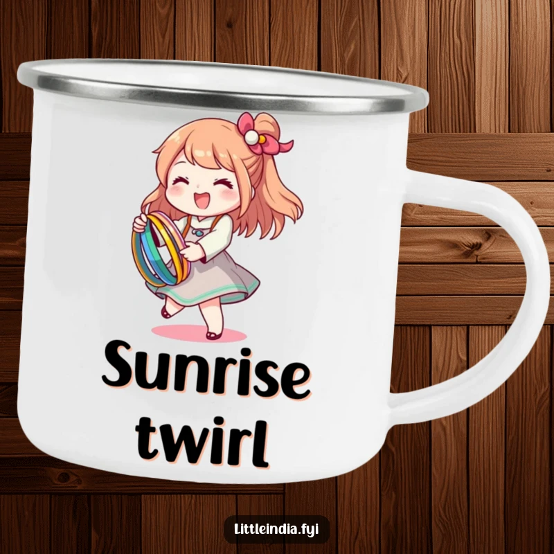 Funny camping mug showcasing a happy character twirling with colorful bangles, perfect for outdoor celebrations.