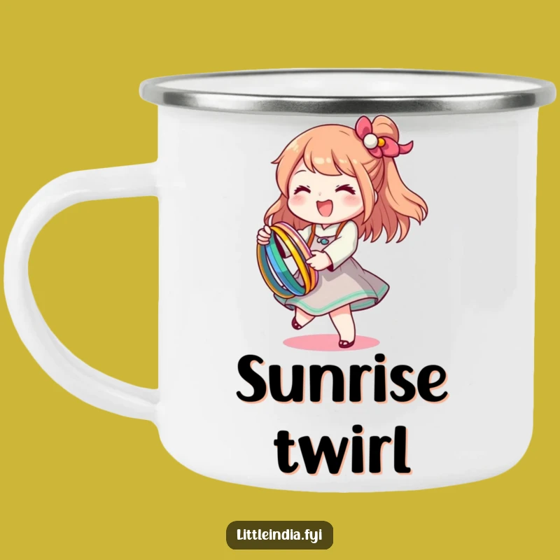 Funny Bangle Twirl Camping Mug: Happy Character, Outdoor Sparkle and Cheer