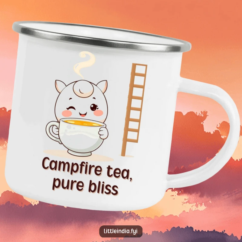 Funny Campfire Tea Mug: Smiling character offers a warm cup of tea, designed for outdoor comfort and enjoyment.