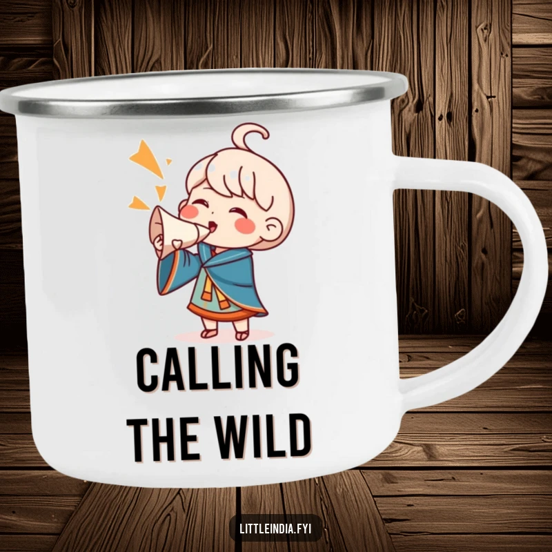 Funny Camping Mug: A character blasts a conch shell with a loud cheer, designed for outdoor enthusiasts who love fun and excitement.